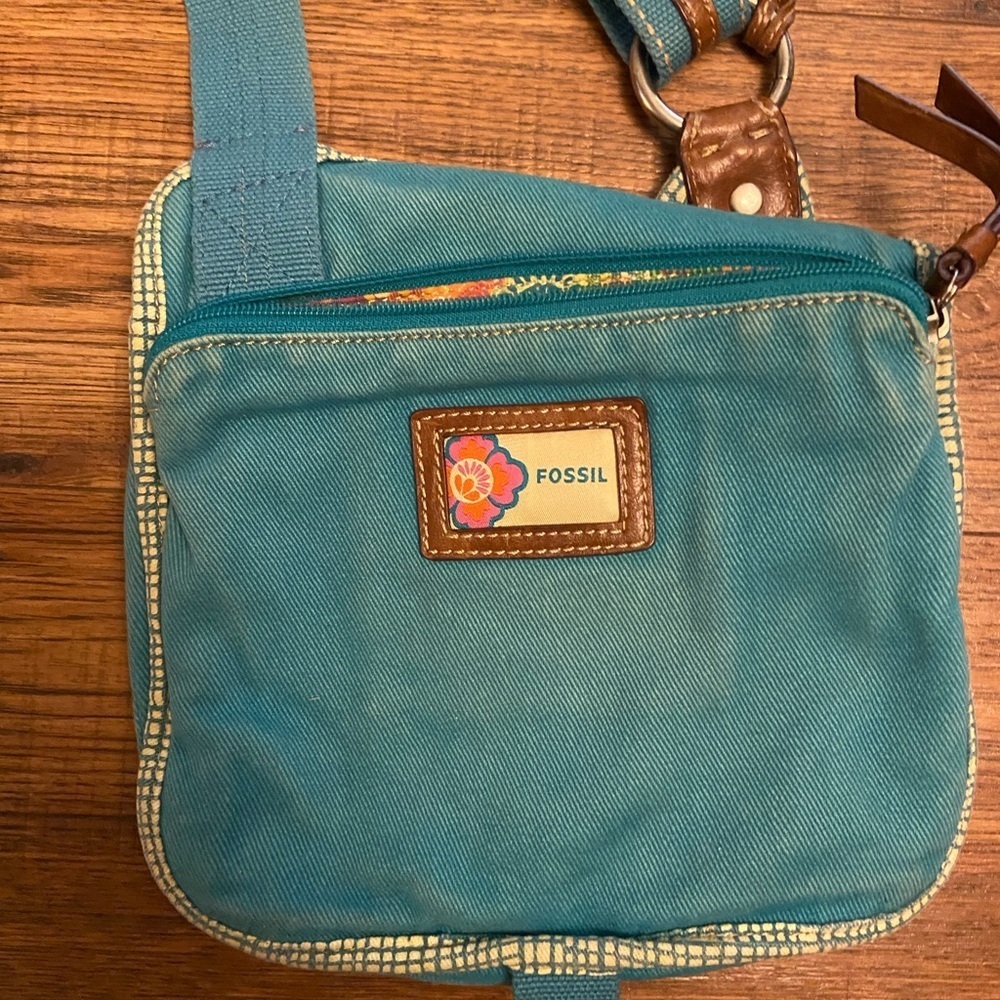 Fossil canvas and leather trim crossbody bag in a turquoise blue and brown Vtg - Picture 4 of 7